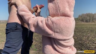 Stepsister in a plush hoodie moans all over the field from a big cock in her pussy
