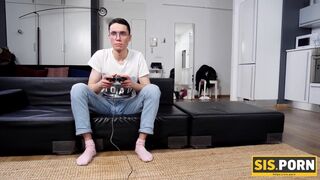 Lucky boy has his erect joystick worshipped by aroused stepsis