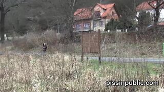 Cute girls expose peeing pussies and take a leak near the forest