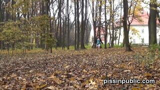 Cute girls expose peeing pussies and take a leak near the forest