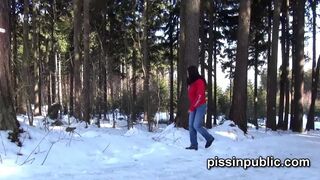 Desperate pee babes want to release their piss streams even in snowy winter