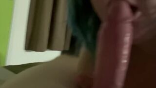 Blue haired bbw worshiping big cock