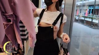 Shopping with my tits out and nervously changing my top on a busy street