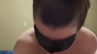 Blindfolded teen gives sloppy blowjob with unexpected cum in mouth (swallowed cum)