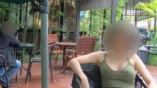 Public flashing in the cafe without panties.