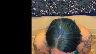 Blue Hair Tattoo PAWG Blowjob and Reverse Cowgirl Dildo Riding POV