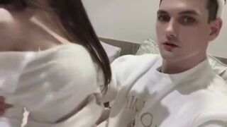Pretty Asian in Fluffy White Dress Fucks Boyfriend