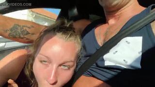In my dad's car, I suck and swallow my boyfriend's cum while he drives!