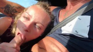 In my dad's car, I suck and swallow my boyfriend's cum while he drives!