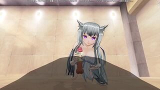 3D HENTAI Neko girl with white hair jerks off your cock with her panties