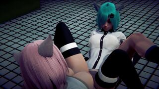 Two neko schoolgirls rub their pussies and cum together