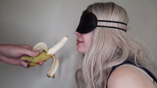 Blindfolded dumb friend's wife tricked into sucking my dick and swallowing cum with the taste game.