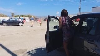 Public NO PANTIES is FUN # Risky PEE from the Car at the Public beach parking
