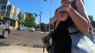 Teaser- Walking with my breasts fully out on a public street