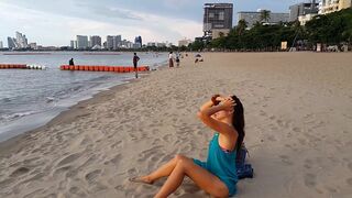 Risky PISSING on one PUBLIC Beach # Red BUTT PLUG flashing