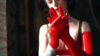 Fetish red latex gloves