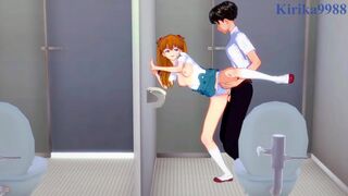 Asuka Langley Soryu and Shinji Ikari have deep sex in the school bathroom. - Evangelion Hentai
