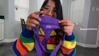 MILF trys on colorful high waist thongs youtuber fun