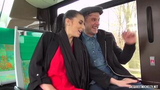 Nelly, sexy brunette, exposes herself and gets fucked in a public bus