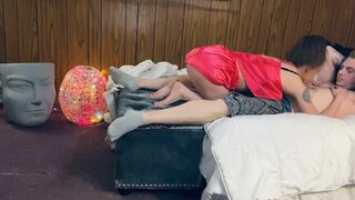 Sexy petite slut in pink lingerie gags and begs for cum during blowjob for Valentine’s Day