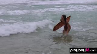 Badass naked babes hop onto surfboards
