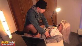 Natural office MILF blows robber from under her desk before lifting her skirt for big cock