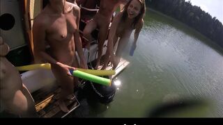 teen girls a GoPro and a boat house