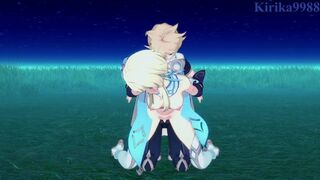 Lumine and Aether have intense sex in the meadow at night. - Genshin Impact Hentai