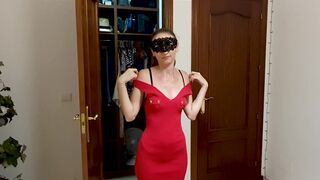 Trying On And Flashing In A Sexy Tight Red Dress