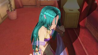 3D HENTAI Girl with blue hair touches her pussy and gives blowjob