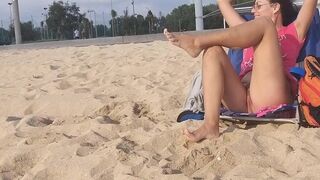 Public Flashing # Take Off Panties # Tanning Hairy Pussy at Sun Set Beach among people