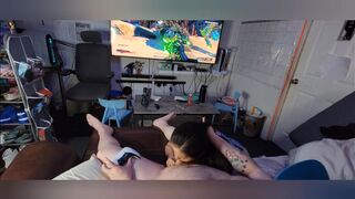 Asian egirl swallows my load while I game.