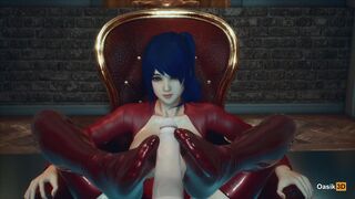 Blue hair girl in red latex footjob big cock 3D