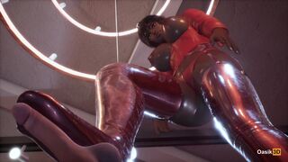 Woman in red latex with short hair gives a footjob to cock 3D