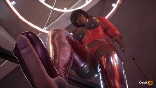 Woman in red latex with short hair gives a footjob to cock 3D