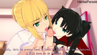 Threesome with Rin Tohsaka and Saber Fate [Hentai 3D]