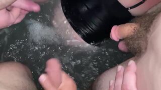 My husband brought over his friends to hot tub and chill, so I sucked all of their cocks. Amateur