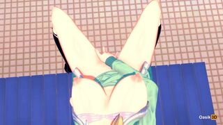 Hentai girl masturbates in public shower 3D