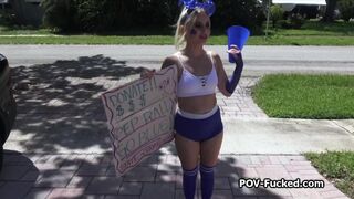Blonde fucktoy spins on my cock for cash outdoors