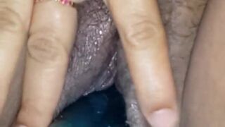 Indian wife masturbating with huge dildo and her pussy is dripping with cum begging to be fucked.