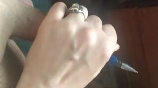 Handjob with a pen in a penis