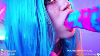 Jinx plays with a tentacle and douses himself with lube