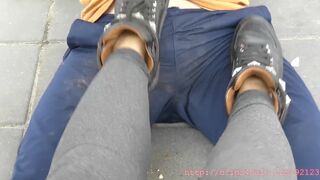 Funny footstool and dick crushing in sneaker shoes with dirty soles