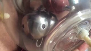 Pumping cock balls in chastity cage