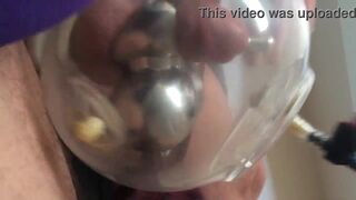 Pumping cock balls in chastity cage