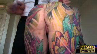 Inked submissive gets throat fucked