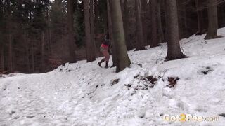 Sexy Brunette Enjoys Powerful Pee On Snow
