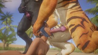 Tiger and Panther mouth fucks girl