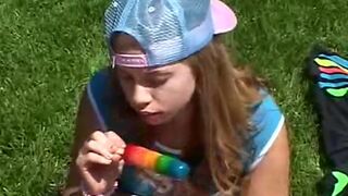 Teen rubbing her clit outdoors