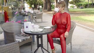 Morning walk in a transparent suit in public